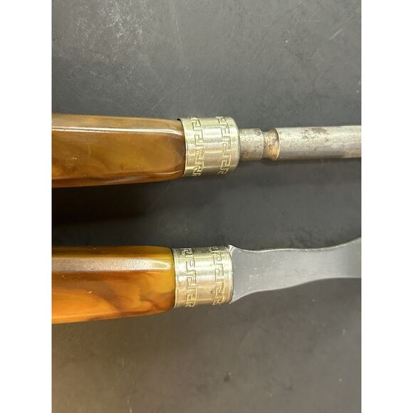Meat Fork and Sharpener Bakelite Vintage MCM Handle Stainless Steel Greek Key - Picture 4 of 9